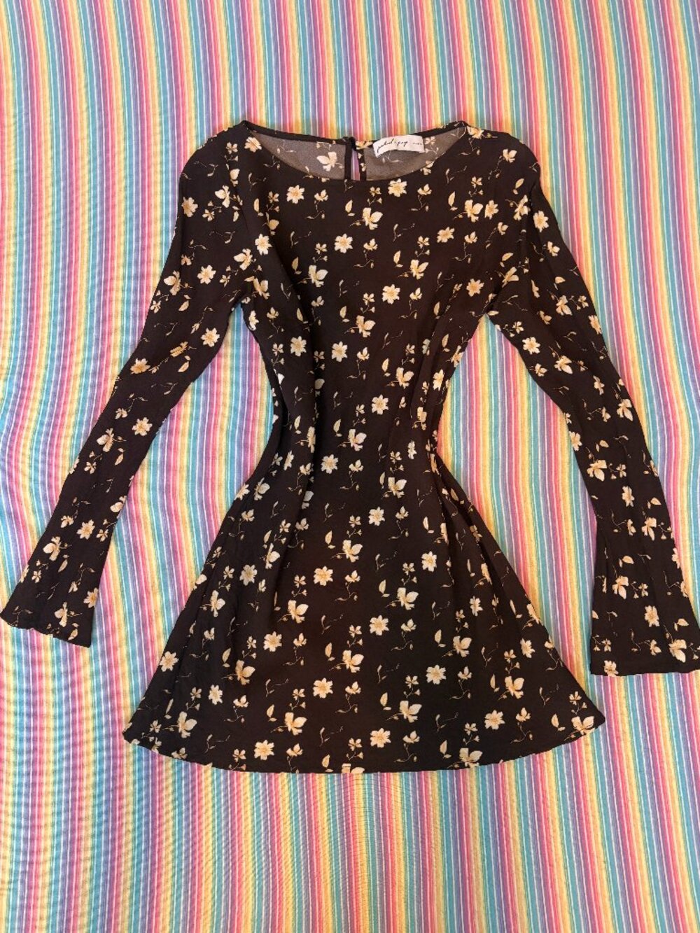 Petal & Pup Dark Brown Floral Long Sleeve Bell Sleeve Mini Dress Size 6